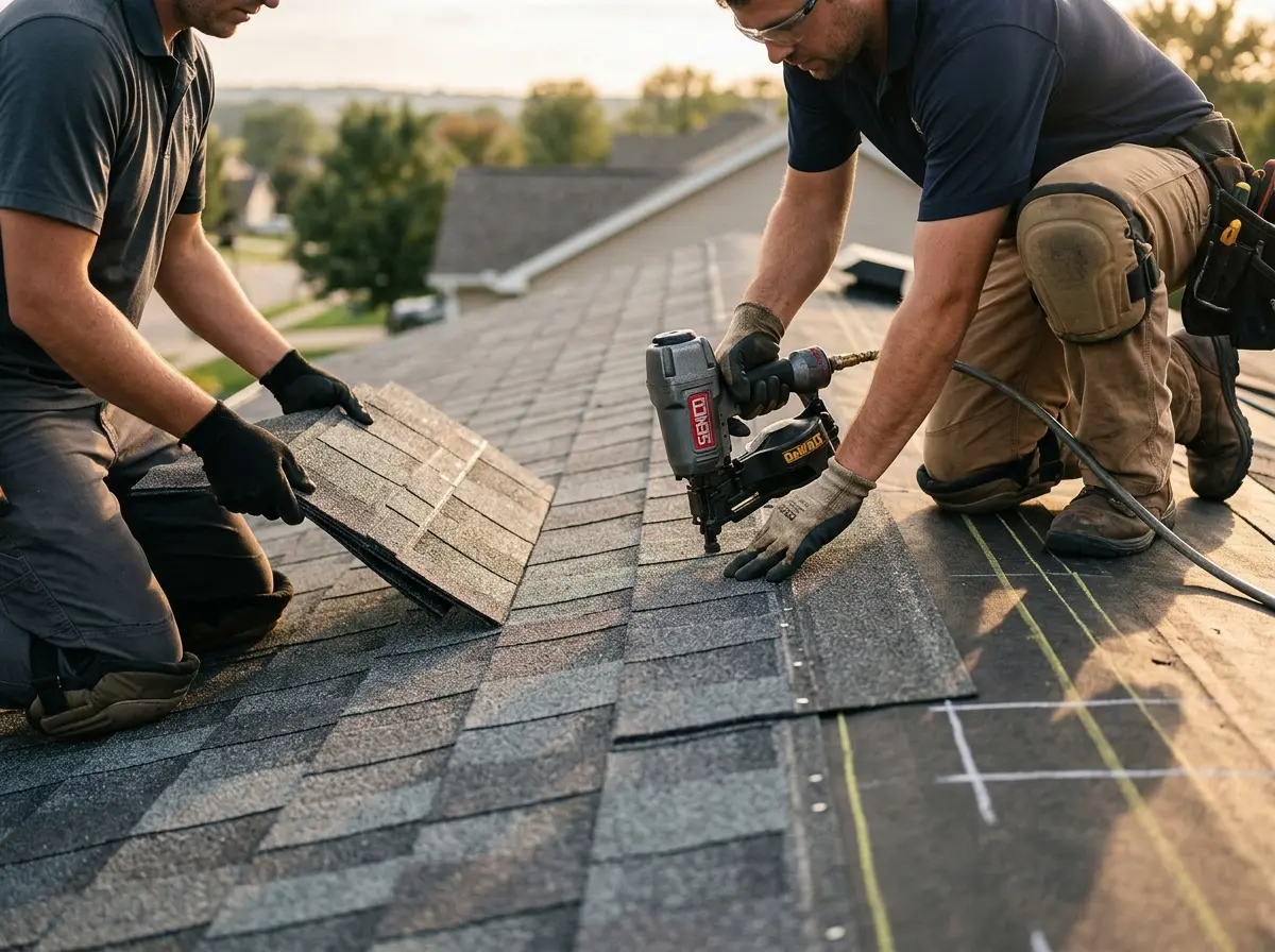 Professional roofer working on a residential roof in Stonington